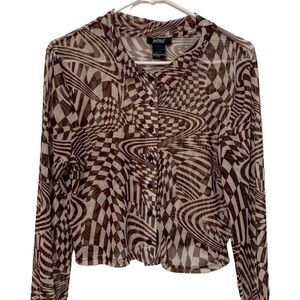 Just Polly Brown White Geometric Patterned Sheer Long Sleeve Crop Top Size XL